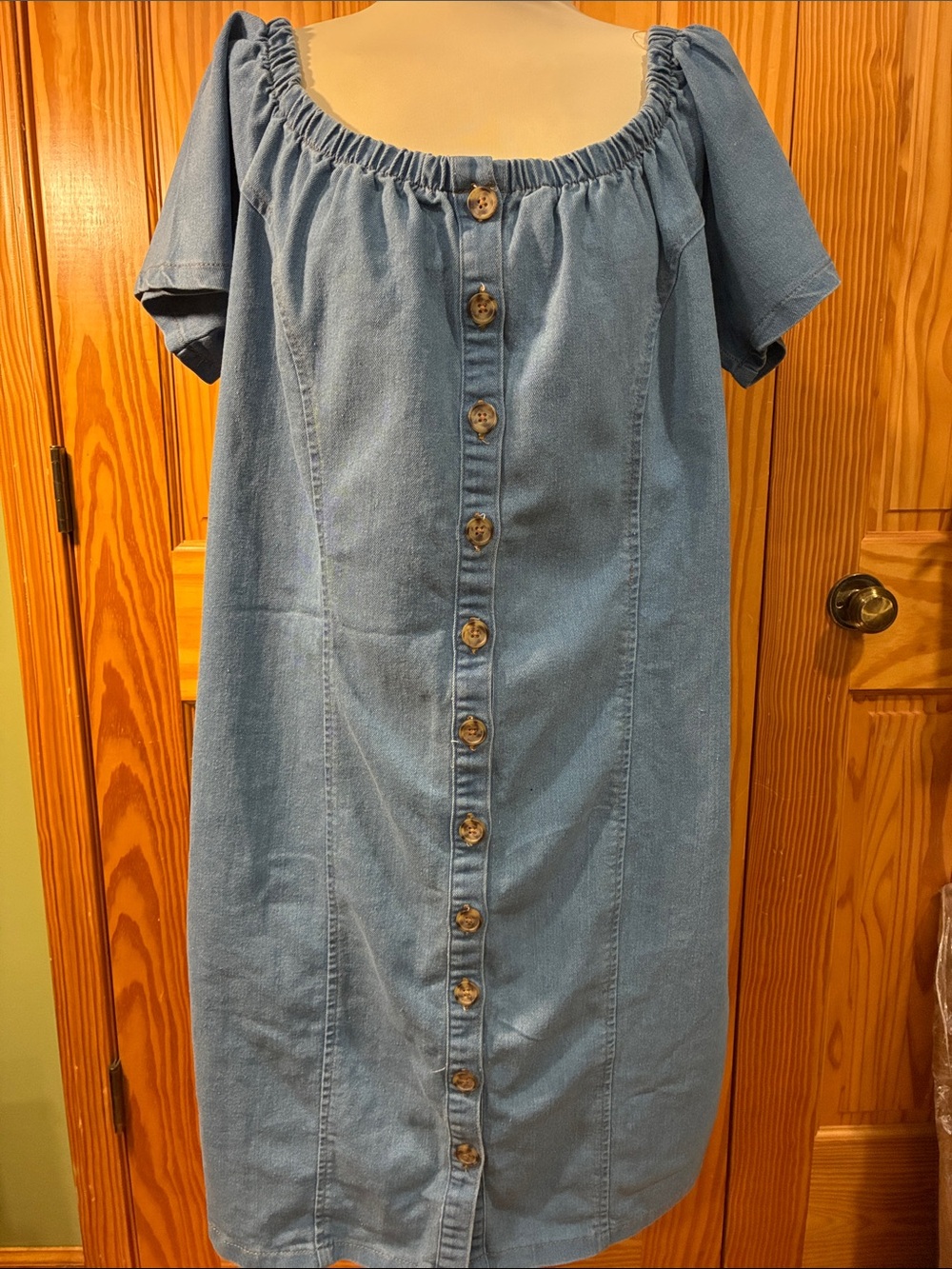 Light Blue Denim Button-Front Women’s Dress with Puff Sleeves